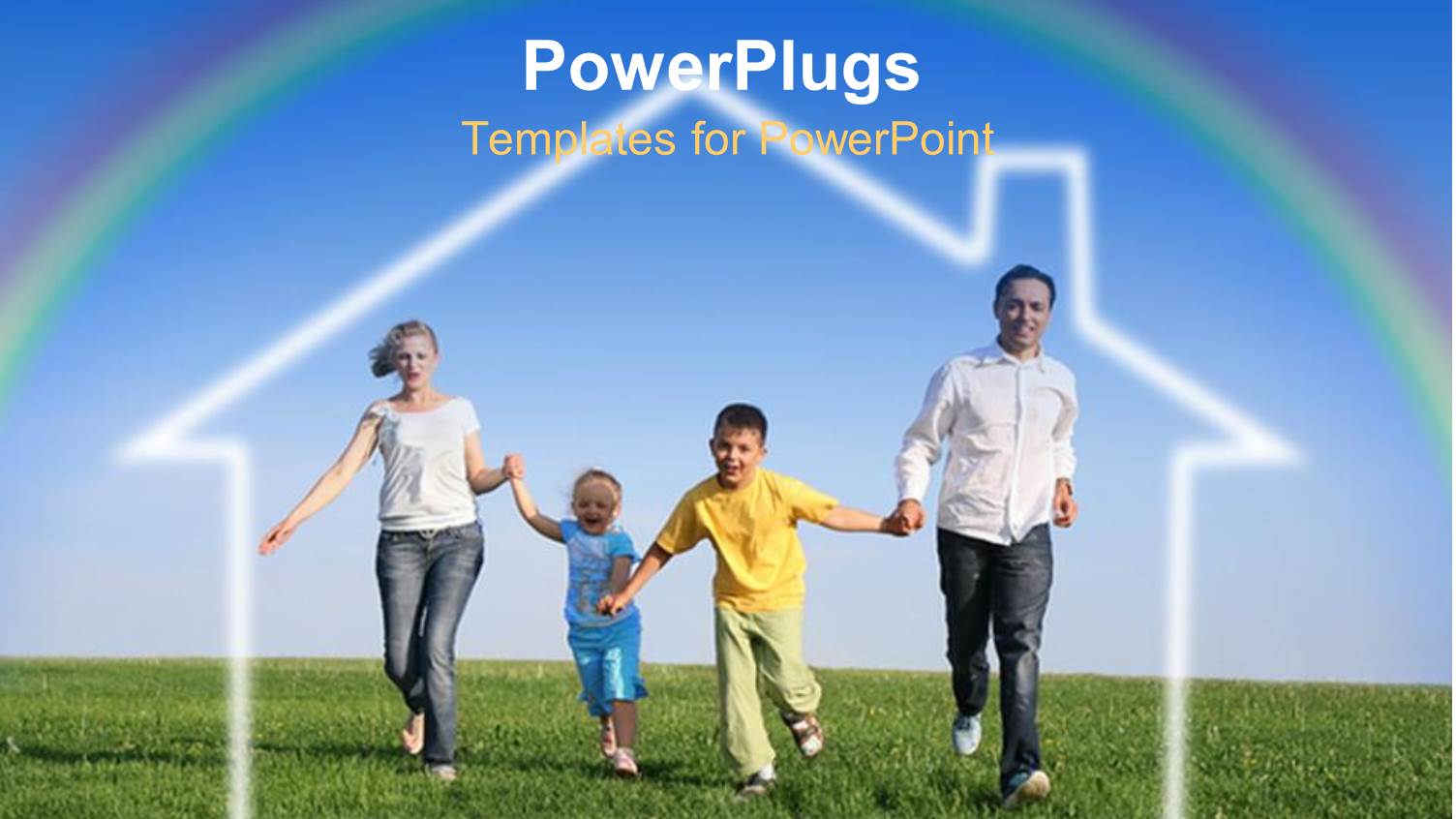 a Family Running on the Field with Clear Sky in the Background