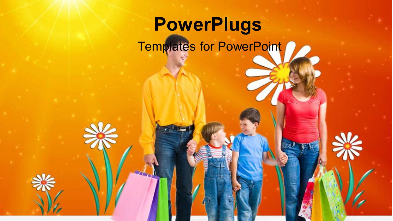 Family Shopping with Mother, Father and Two Boy Kids, Orange Ombre Background with Sun and Daisies