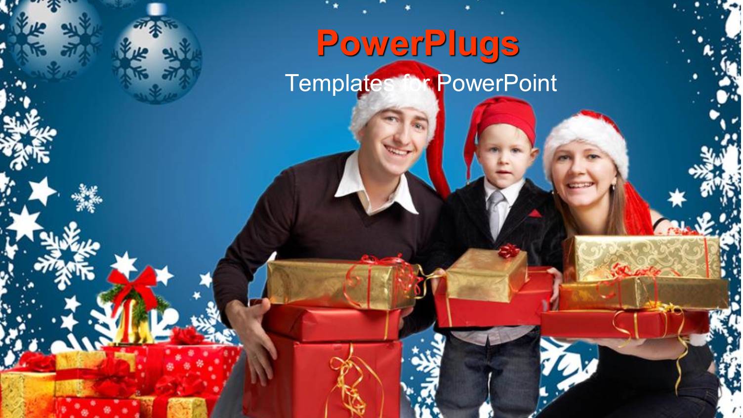 Family of Three with Santa Caps Holding Christmas Presents on Blue Background