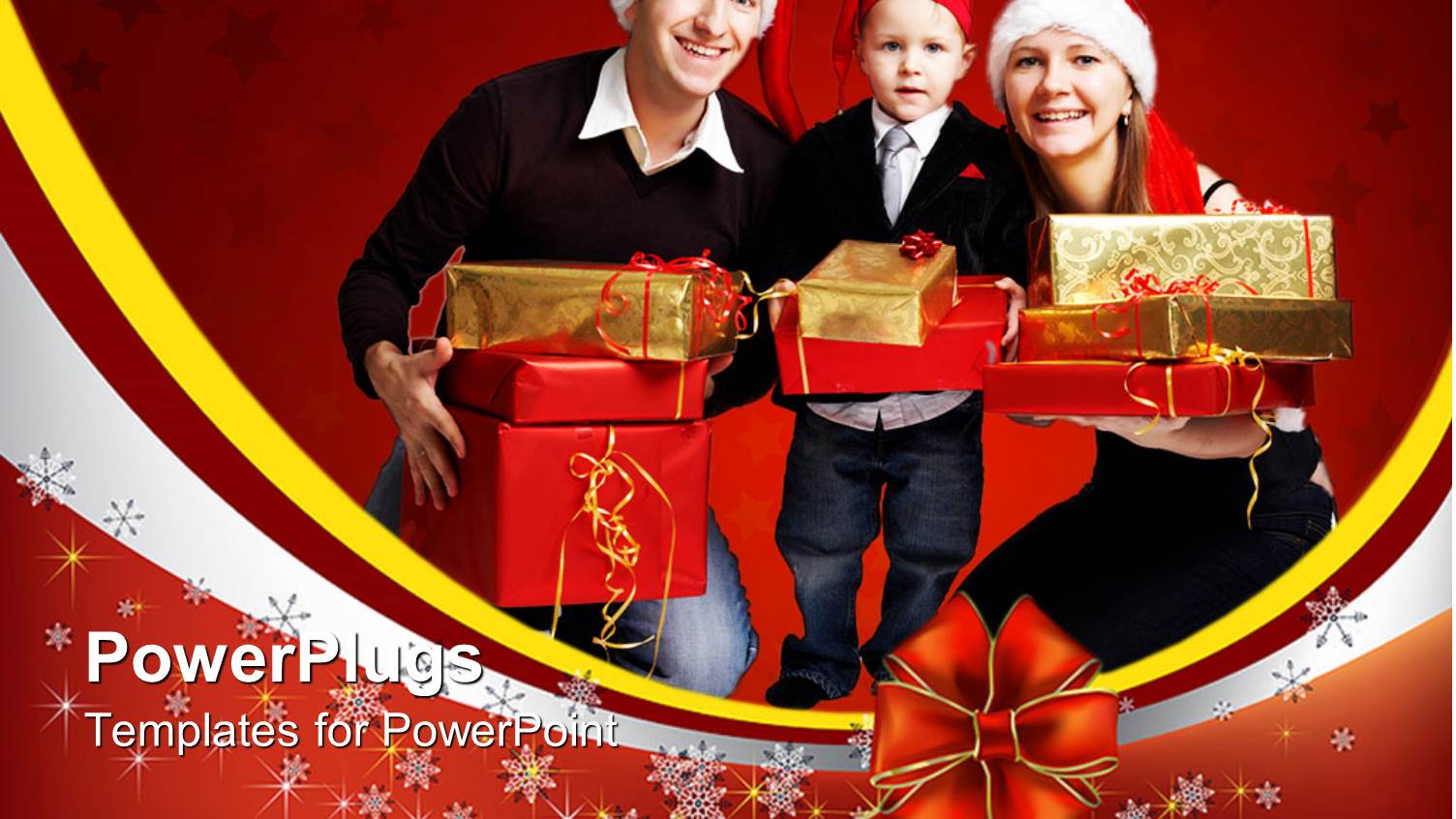 Family of Three Wearing Christmas Hats and Smiling with Presents