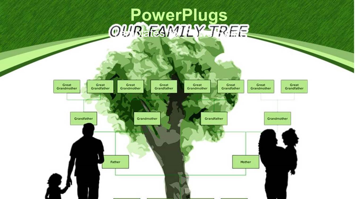 Family Tree with Parents Holding Kids on Green and White Background