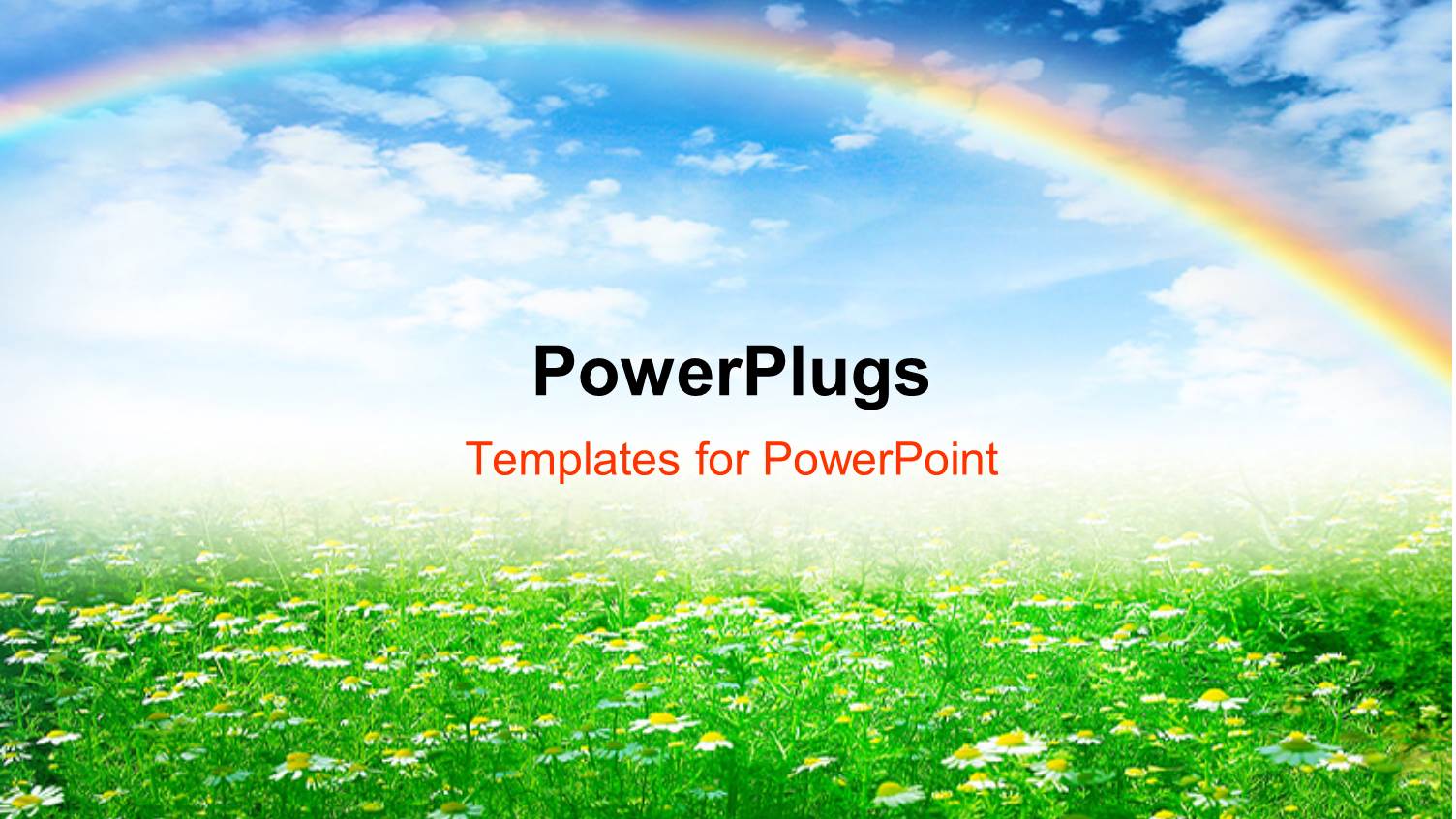 Farm with White Flowers and Green Grass, Rainbow and Sky in Background Depicting Nature