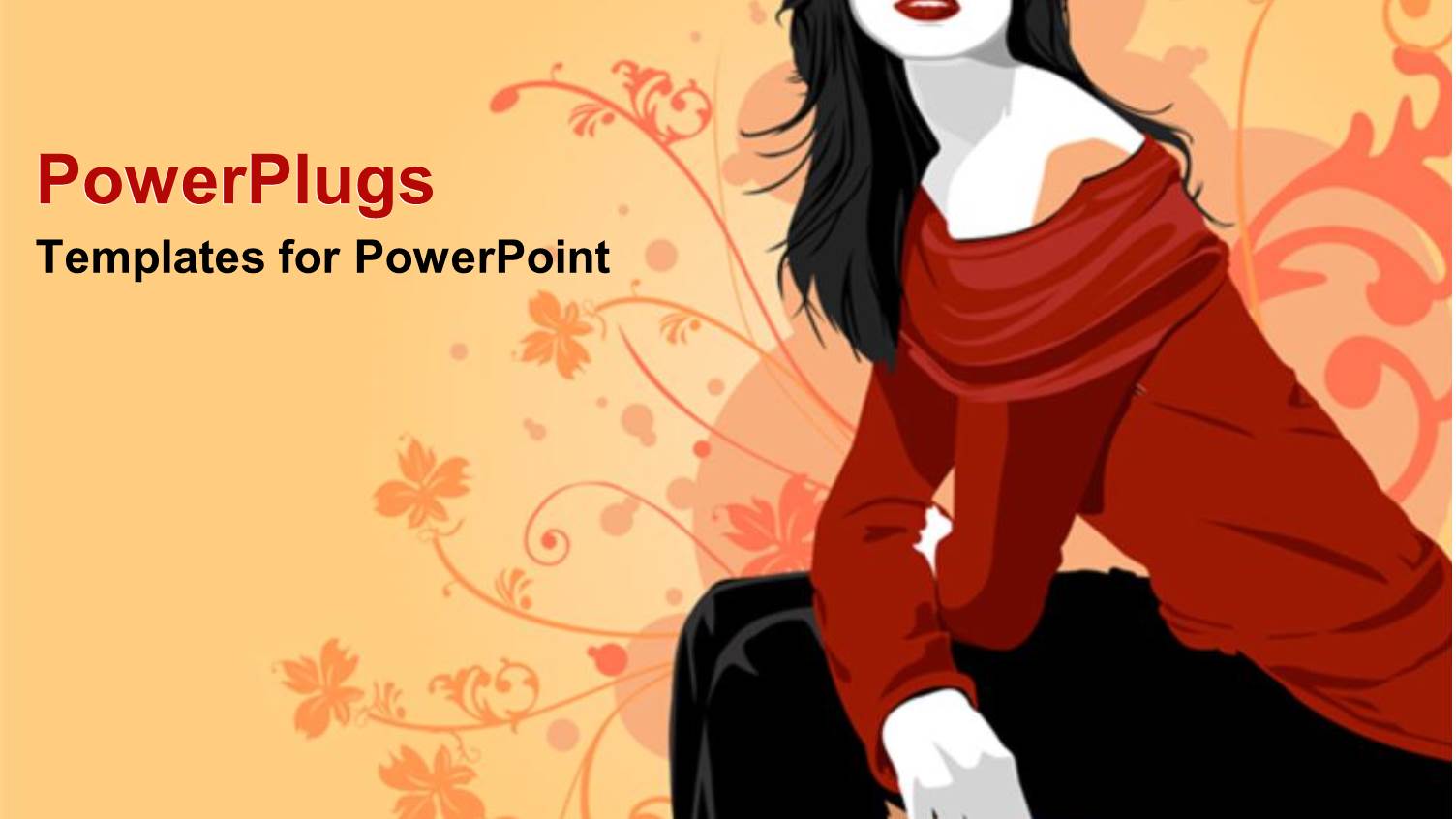 Fashion Woman with Red Blouse and Black Pants on Floral Abstract Pattern on Peach and Pink Background