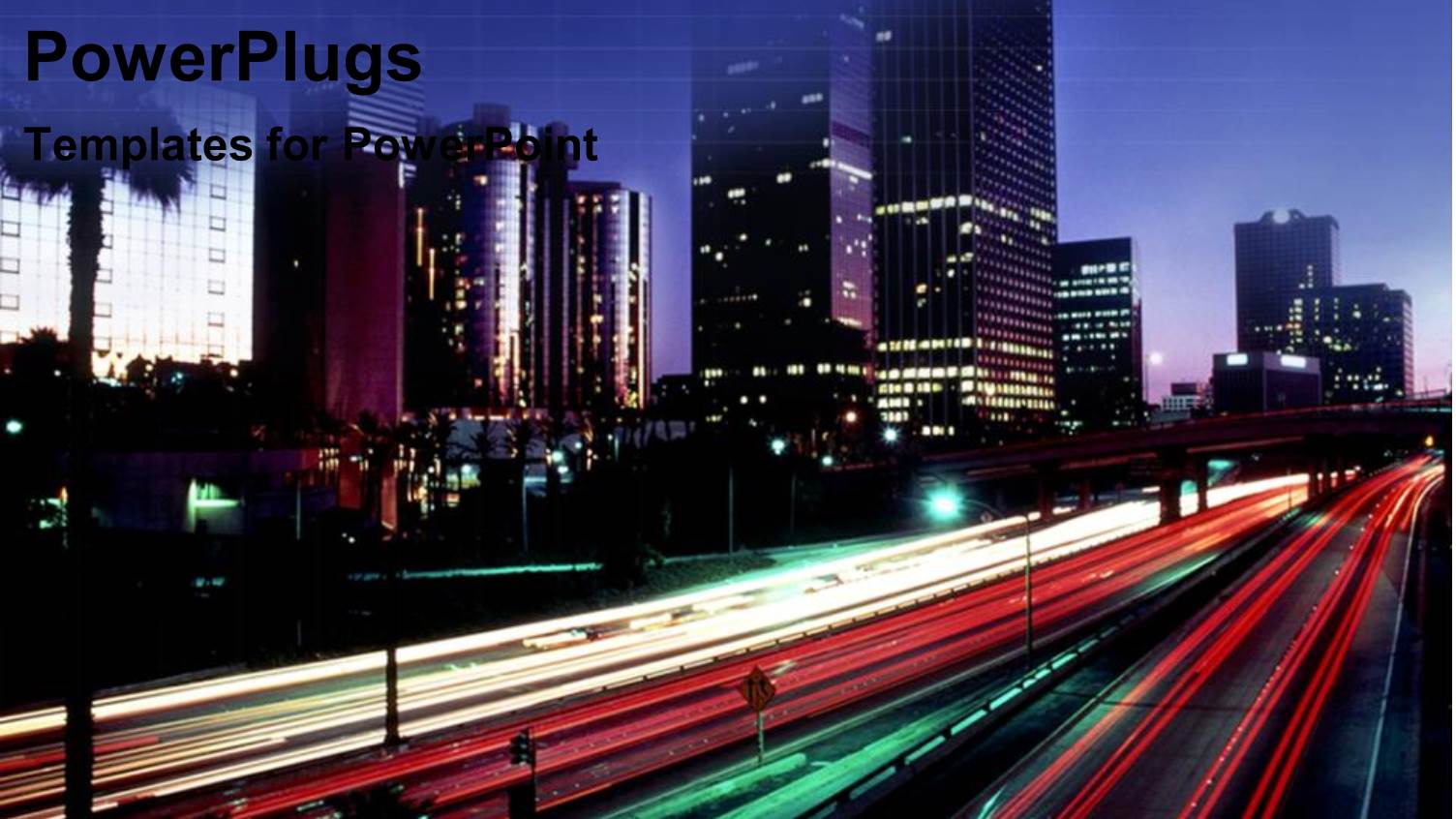 Fast Paced Traffic and City Buildings with Lights at Night on a Blue Sky Background