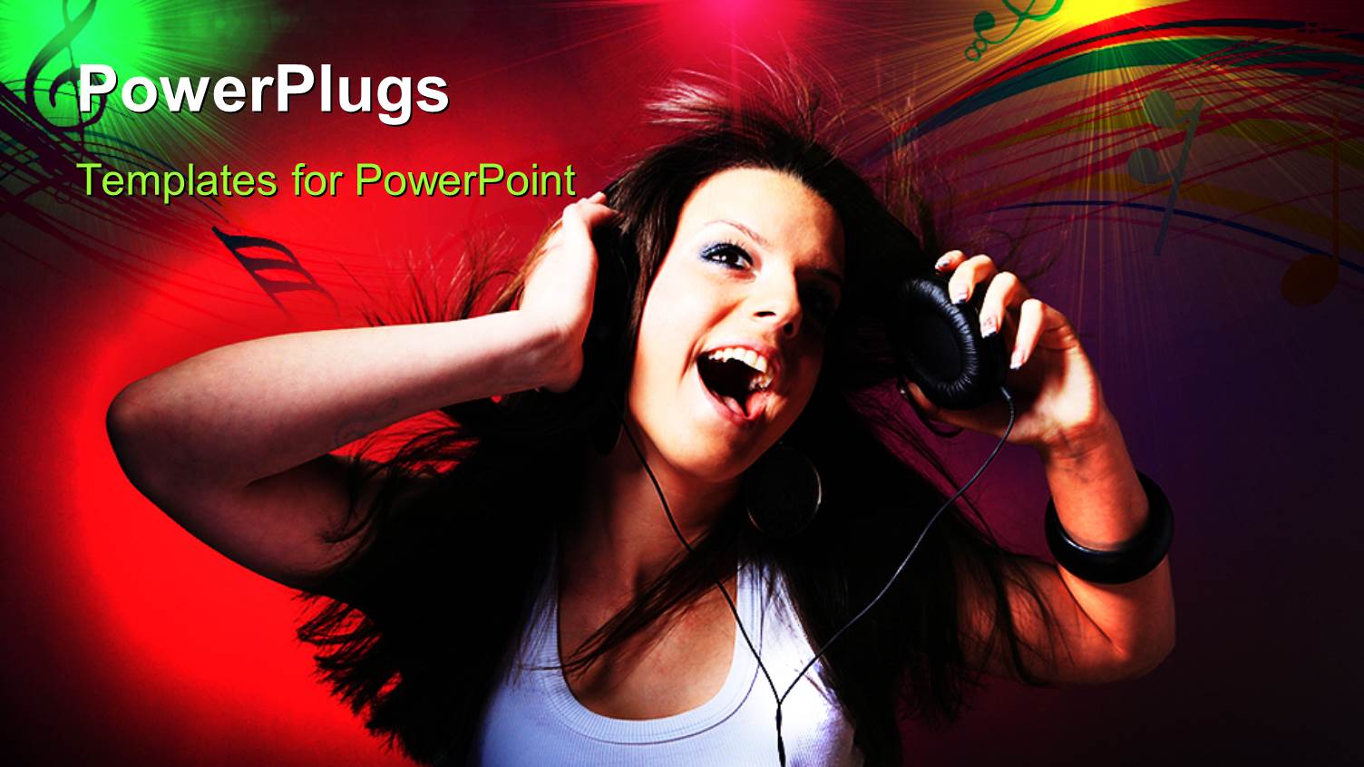 a Female Dancing with a Headphone and a Colorful Music Theme Background