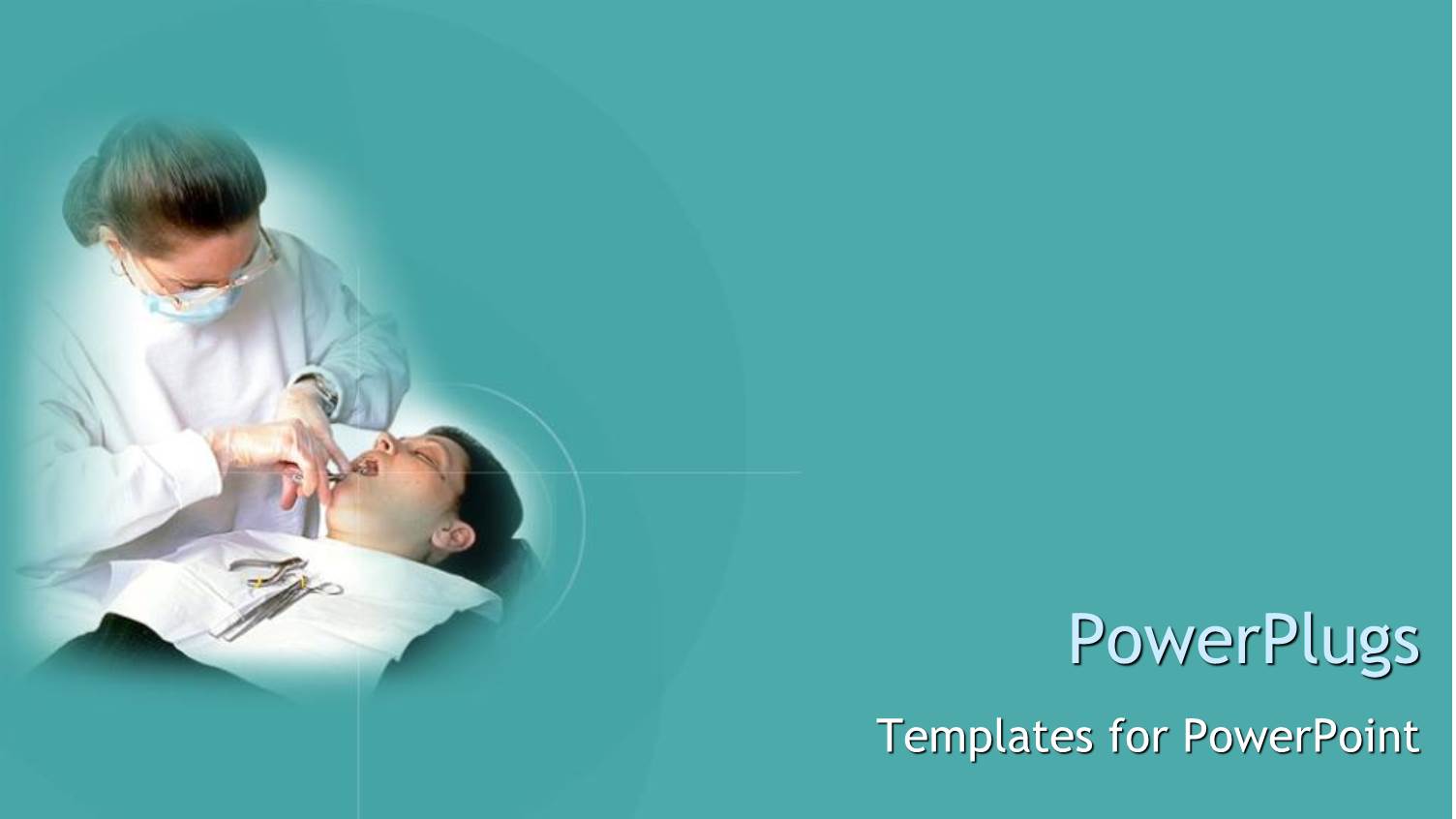 a Female Dentist and her Patient with Dentist's Tools on a Solid Colored Teal Background