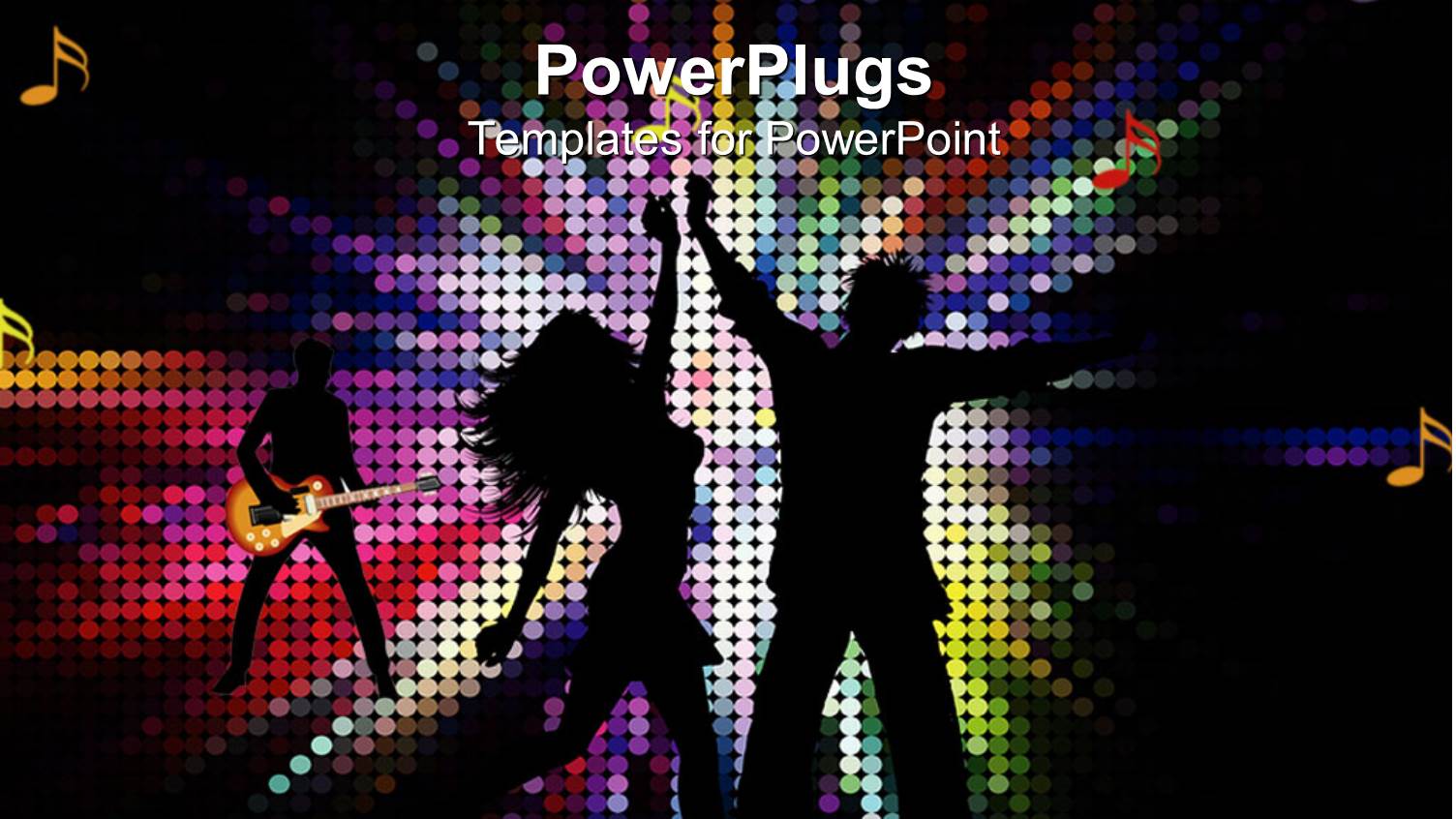 Female and Male Couple Dancing in the Center of a Colorful Mosaic Lights Background with a Guitarist and Musical Notes