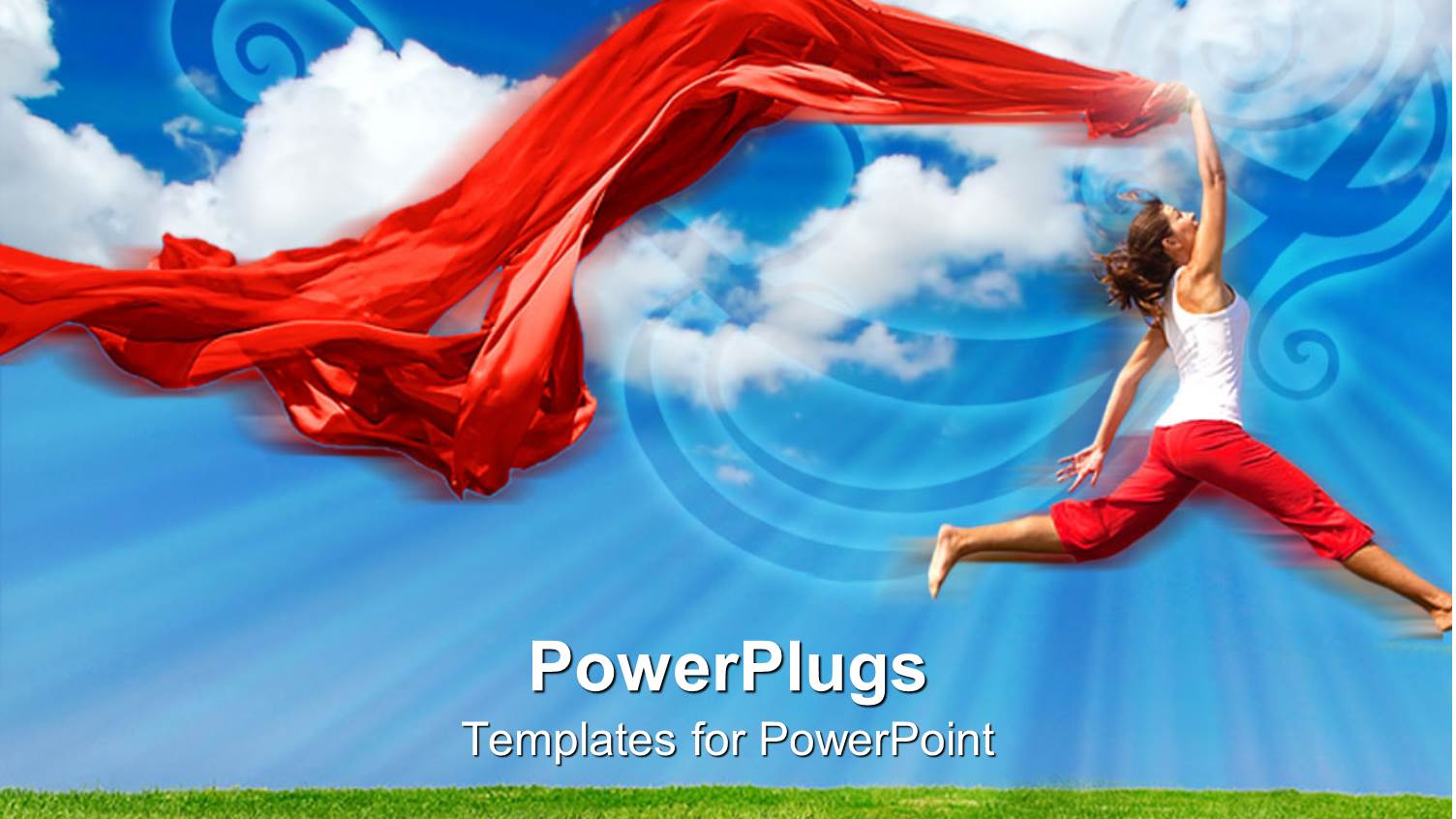 a Female Model Jumping in the Air with Clouds in the Background