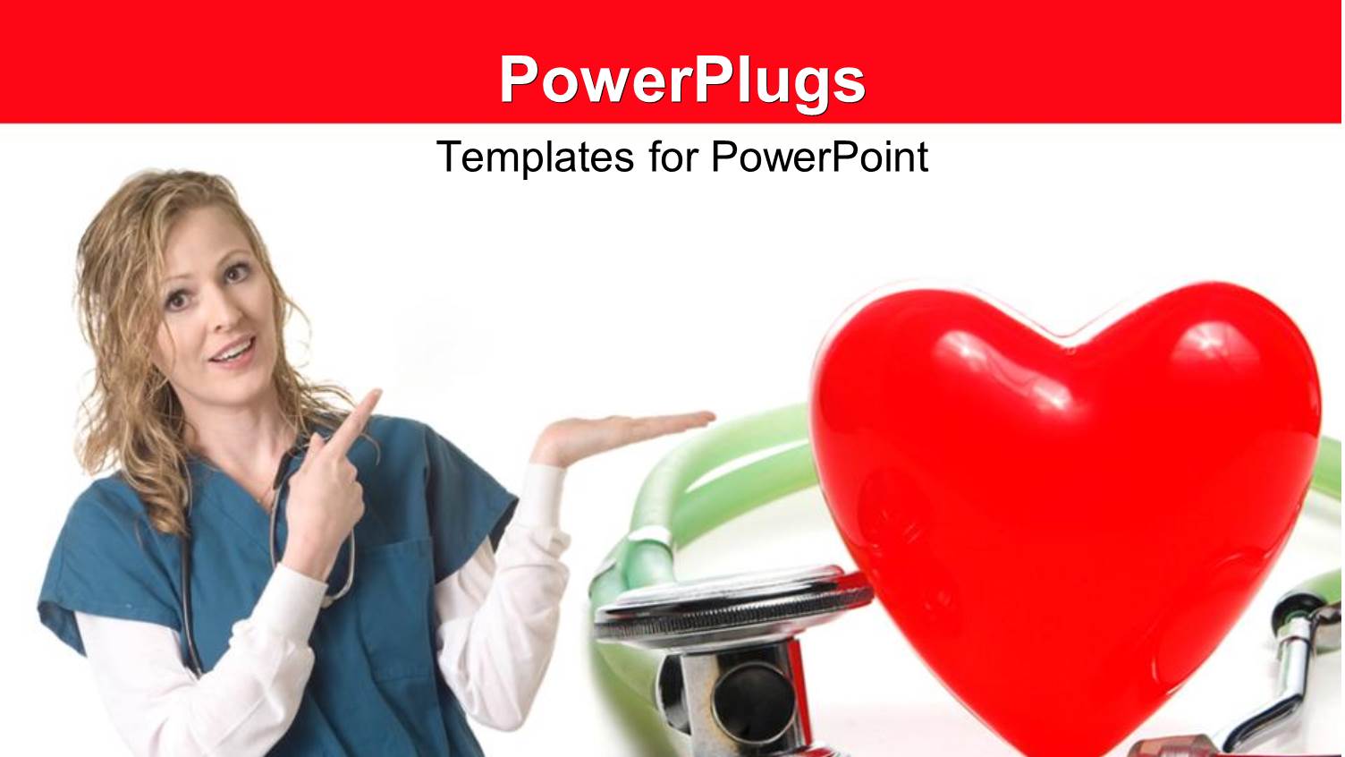 Female Nurse Points to large Red Heart Shape Beside Stethoscope