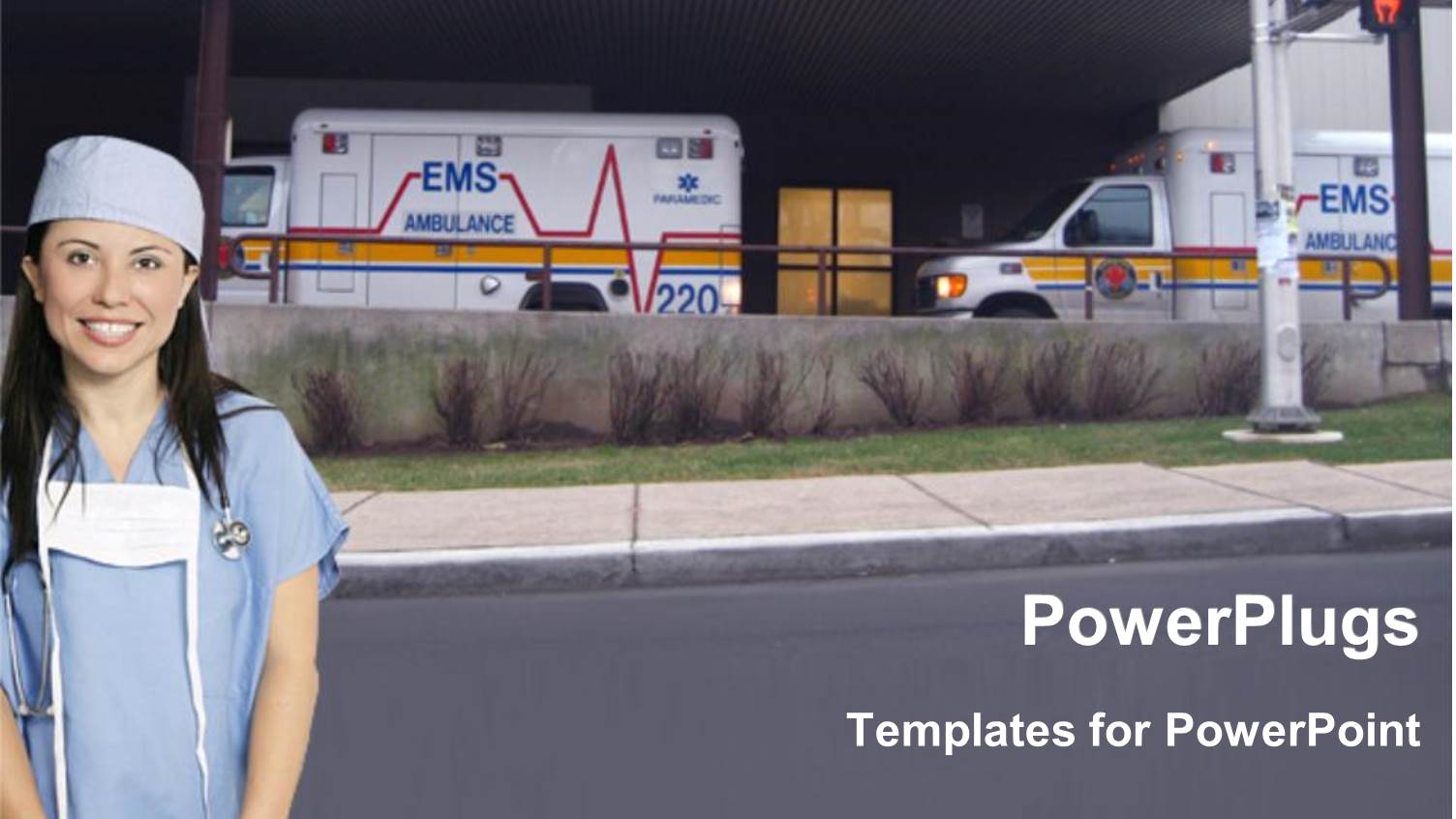 Female Nurse in Scrubs and Surgical Mask Standing Outside Emergency Department in Front of Two Ambulances