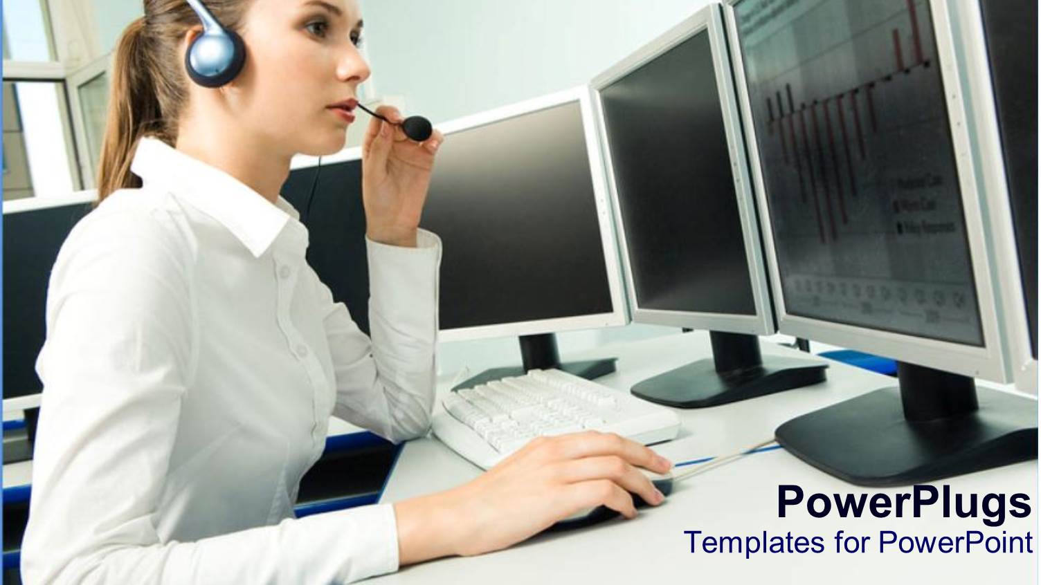 Female Office Worker in White Corporate Shirt with a Head Set