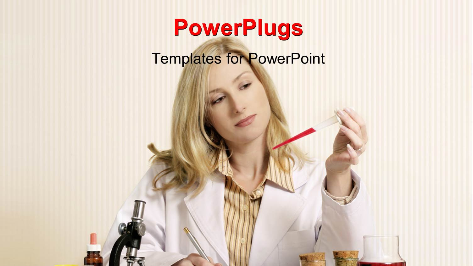 Female Scientist Conducts Research with Microscope Sample and Notepad on Desk