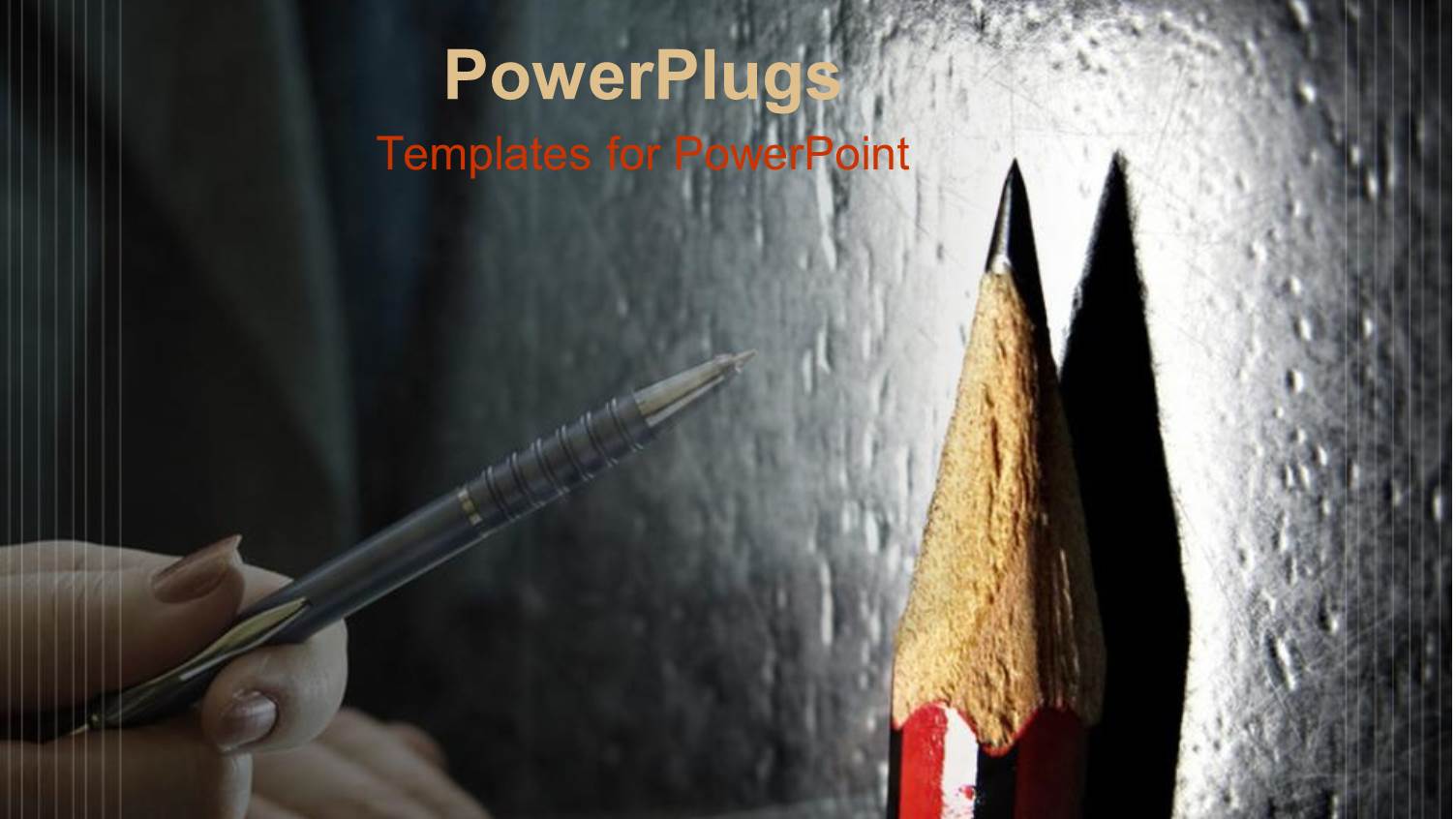 Feminine Hand Holding Pen Pointing to Close Up of Spotlighted Pencil Point