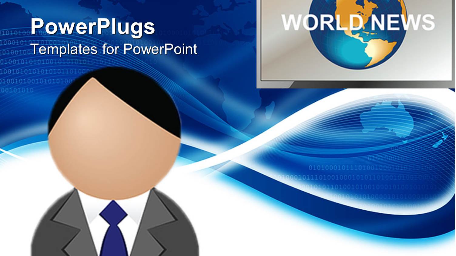 Figure Head Presenting World News with Screen Displaying Globe and World News Words on World Map on Blue Background