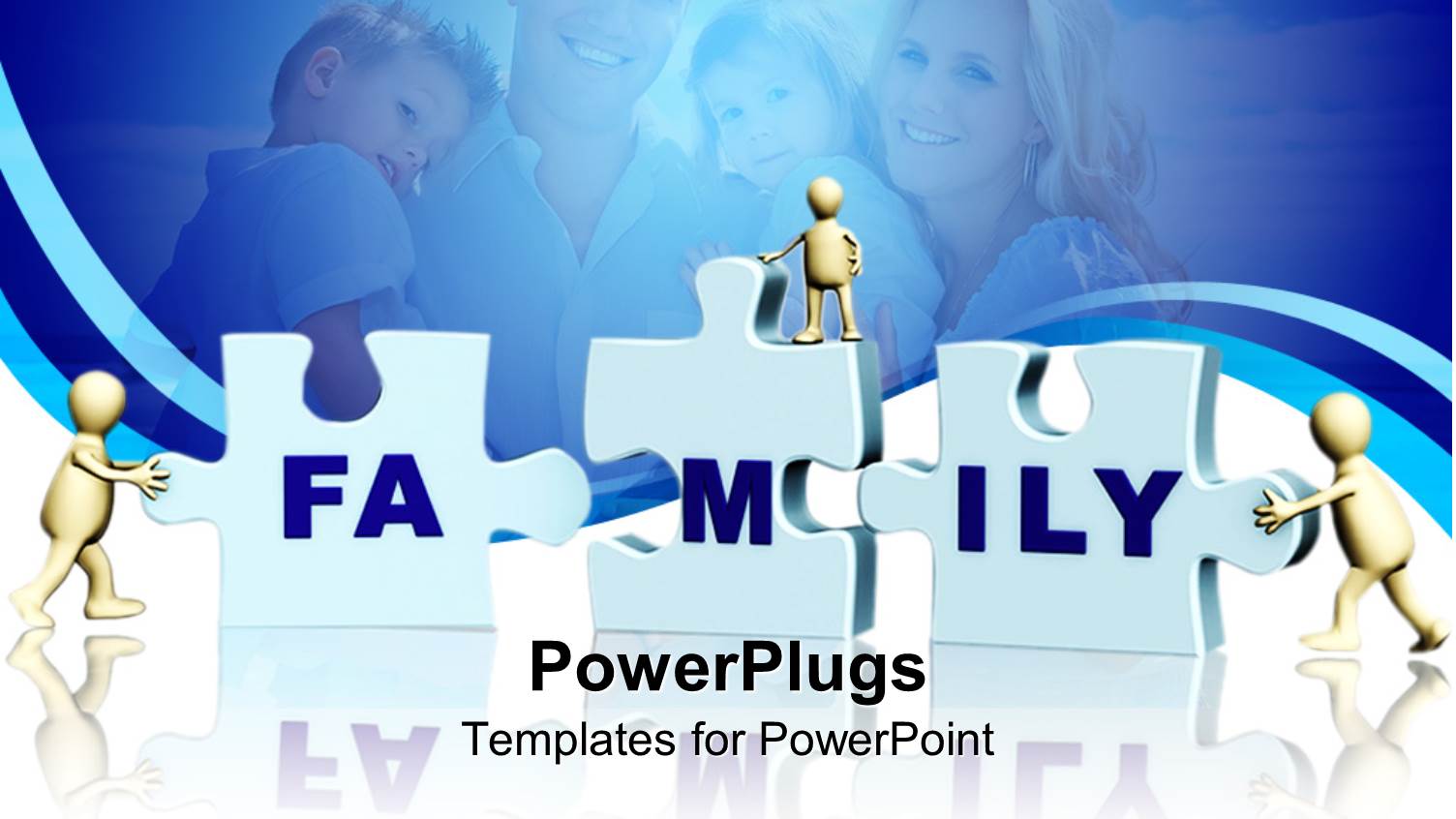 Figures Pushing Puzzle Pieces to Make FAMILY with Family in Background