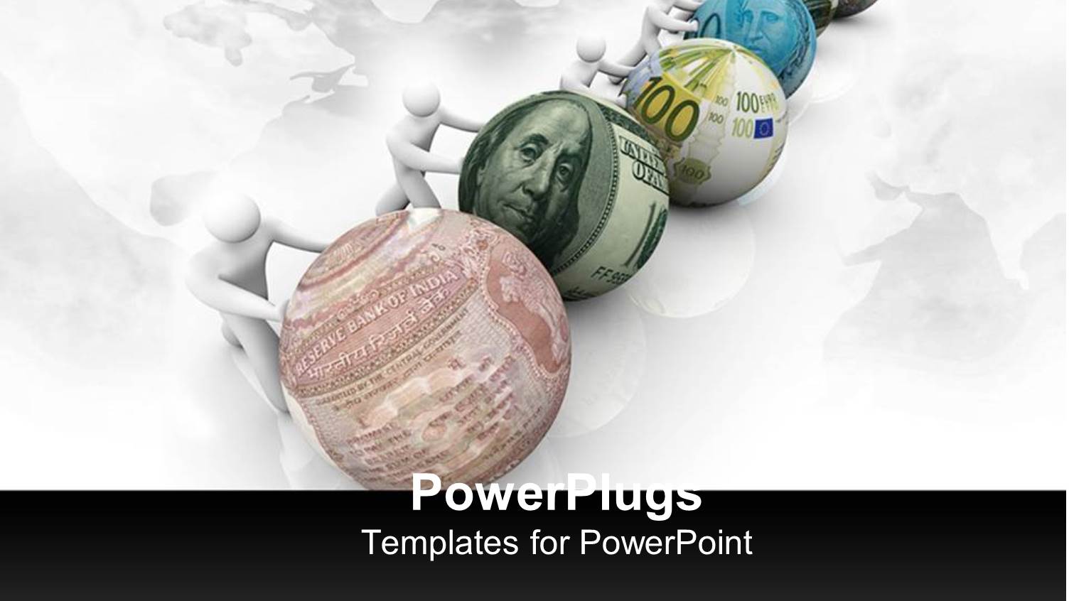 Figures Pushing Spheres Made of Different Currency Notes in White Background