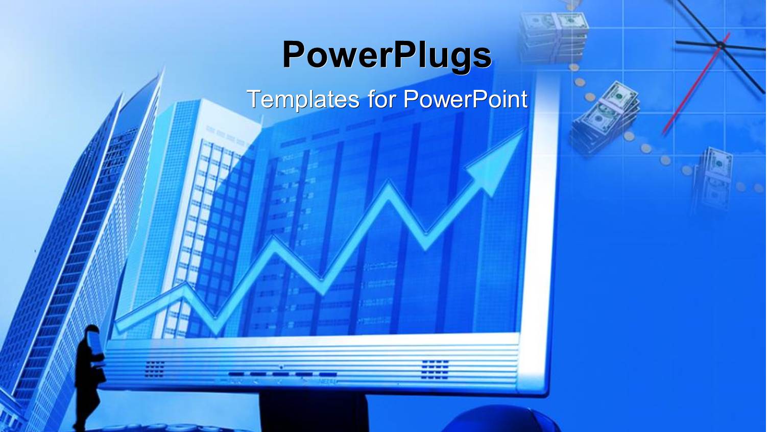 Financial Chart in Computer Monitor Screen with Keyboard and Office Buildings