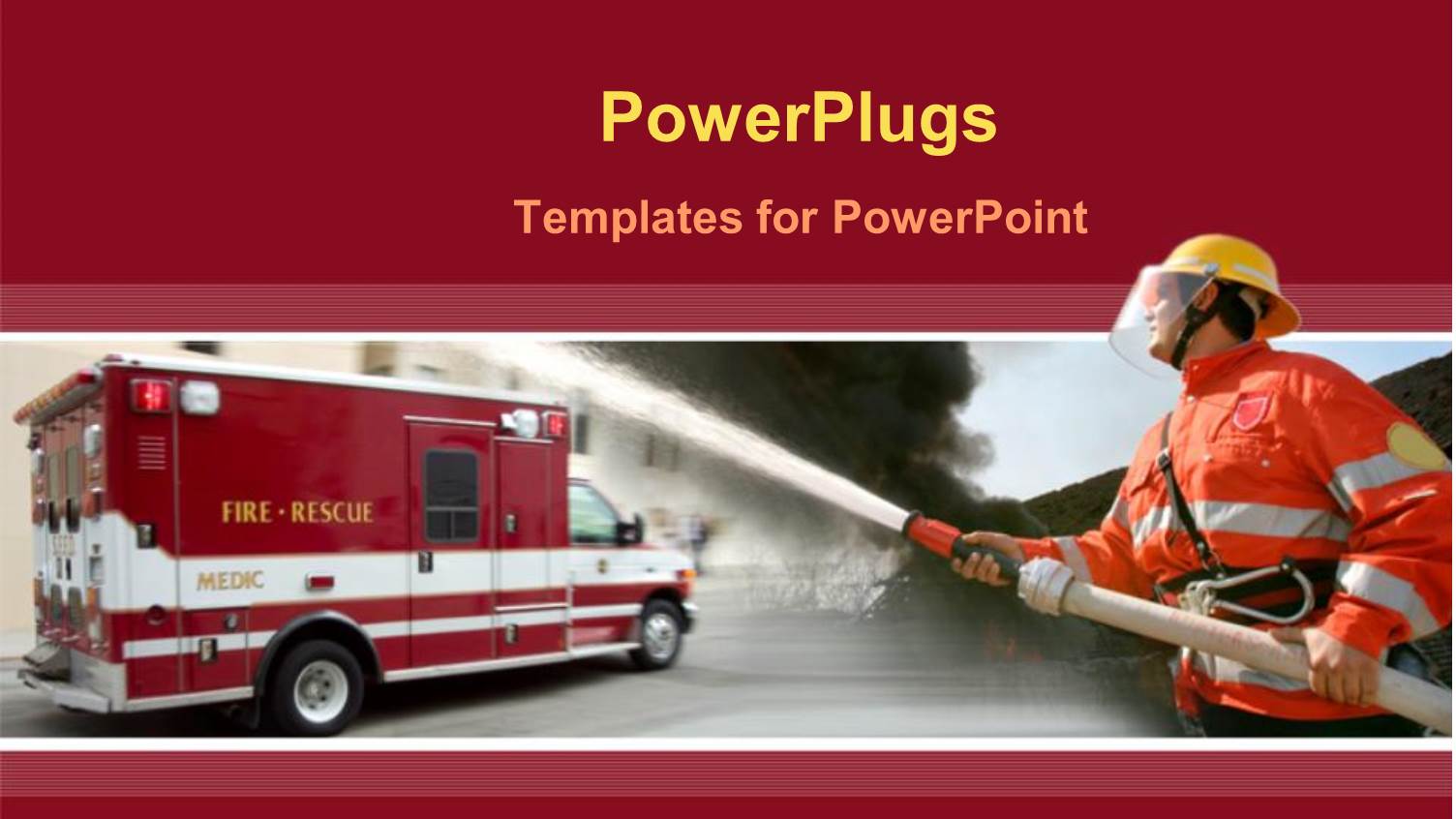 a Fire Fighter Holding a Water Hose in Front of a Fire Rescue Vehicle