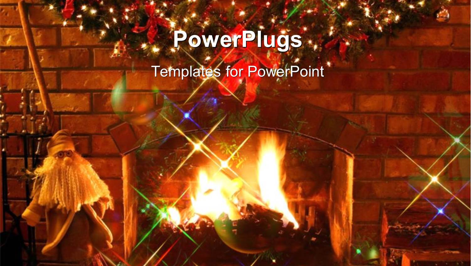 Fireplace Decoration at Christmas with Red Ribbons and Brick Wall