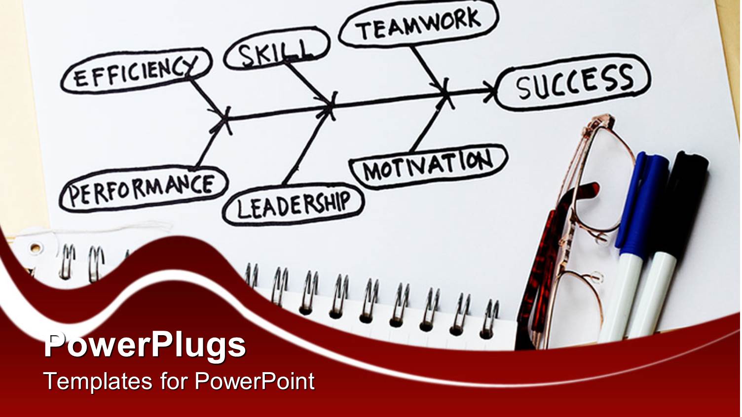 Fish Bone Diagram Flow Chart, Success, Leadership Success with Eyeglasses and Pens on the Side