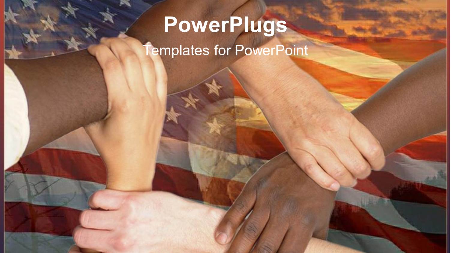 Five Adult Hands Interconnecting Over an American Flag Background