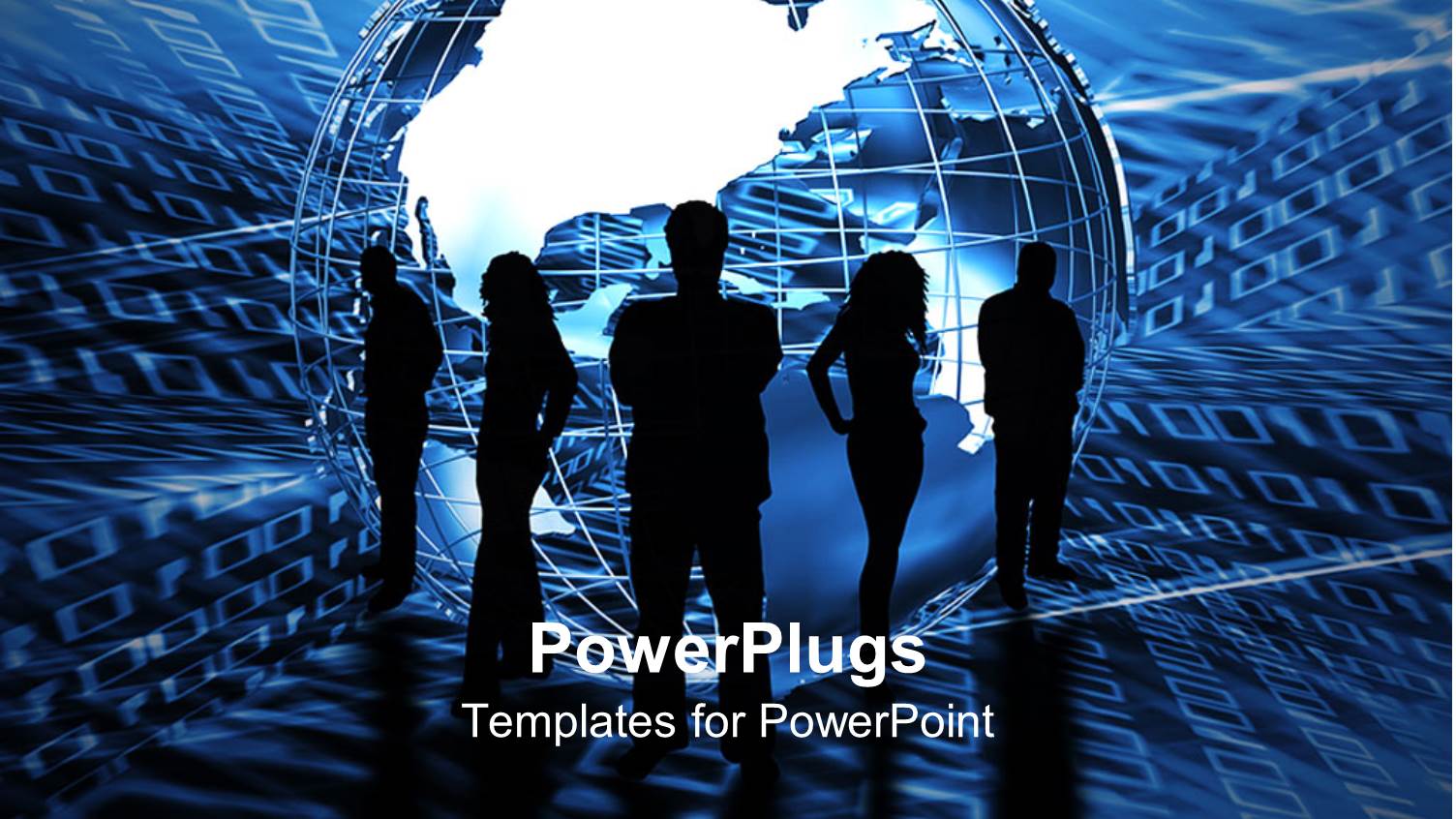 Five Black Silhouettes of Business People Standing Around an Abstract Globe on Binary Code Blue Background