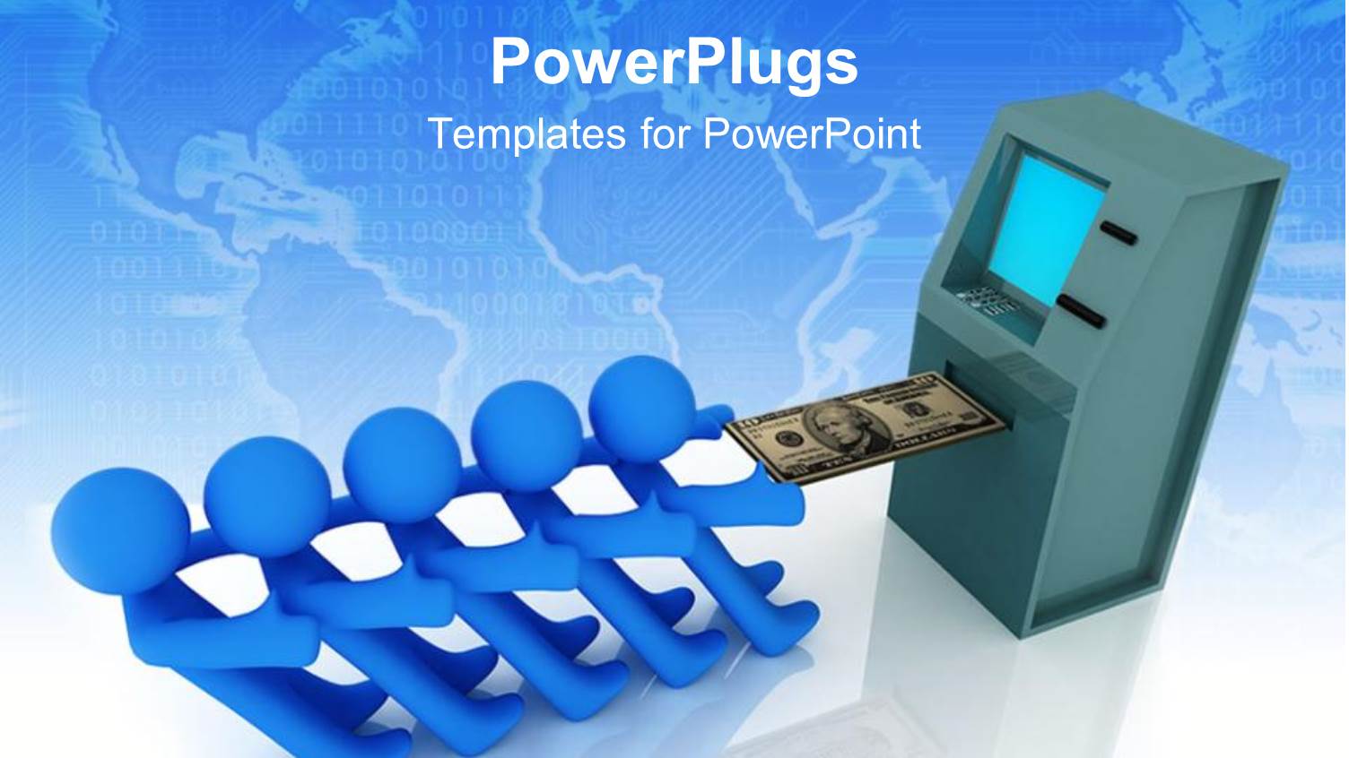 Five Blue 3D Figures Working Together to Pull Out Money Bill from ATM Machine