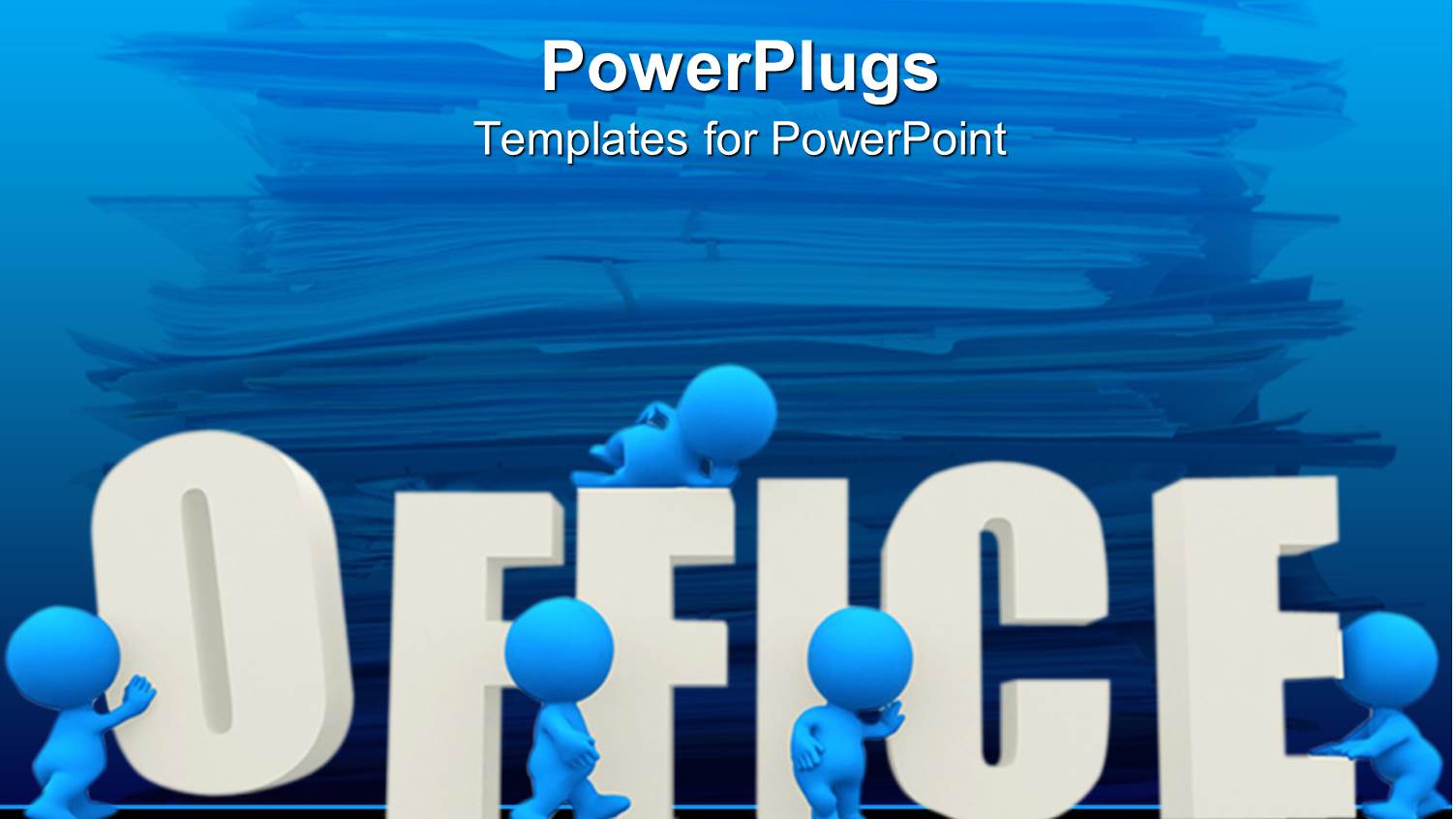 Five Blue Figures Surround Three Dimensional Word Office