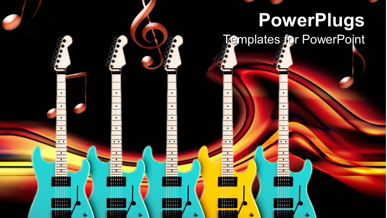 Five Blue and Yellow Colored Guitar on a Black Background with Music Theme