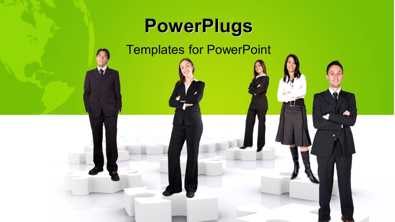 Five Business Men and Women Standing on White Puzzle Pieces