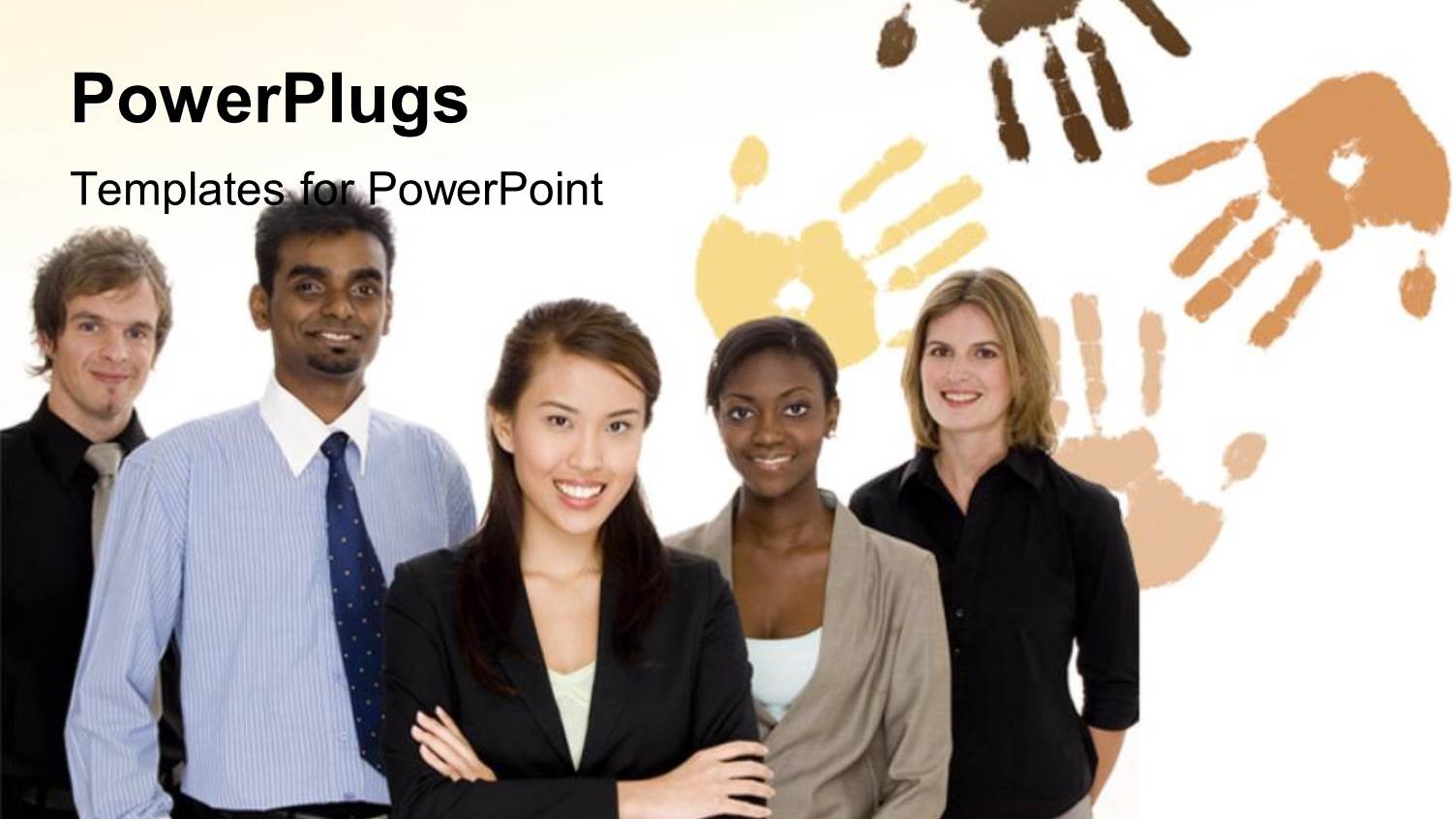 Five Business People Standing Together and Smiling on a White Background