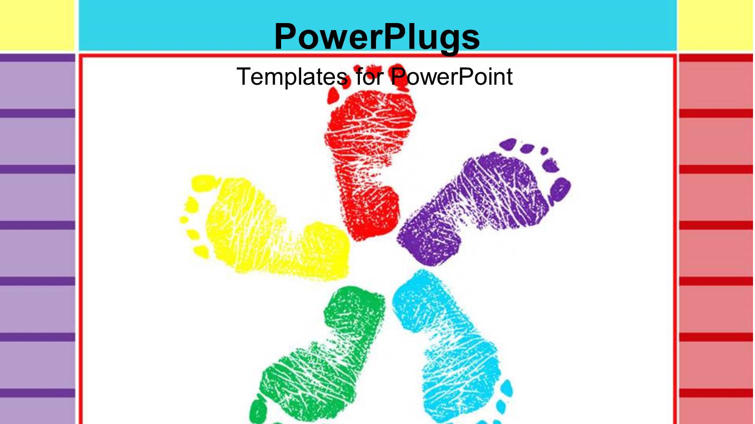 Five Children Colorful Footprints, Red, Purple, Blue, Green and Yellow Footprints in Circular Layout on Framed White