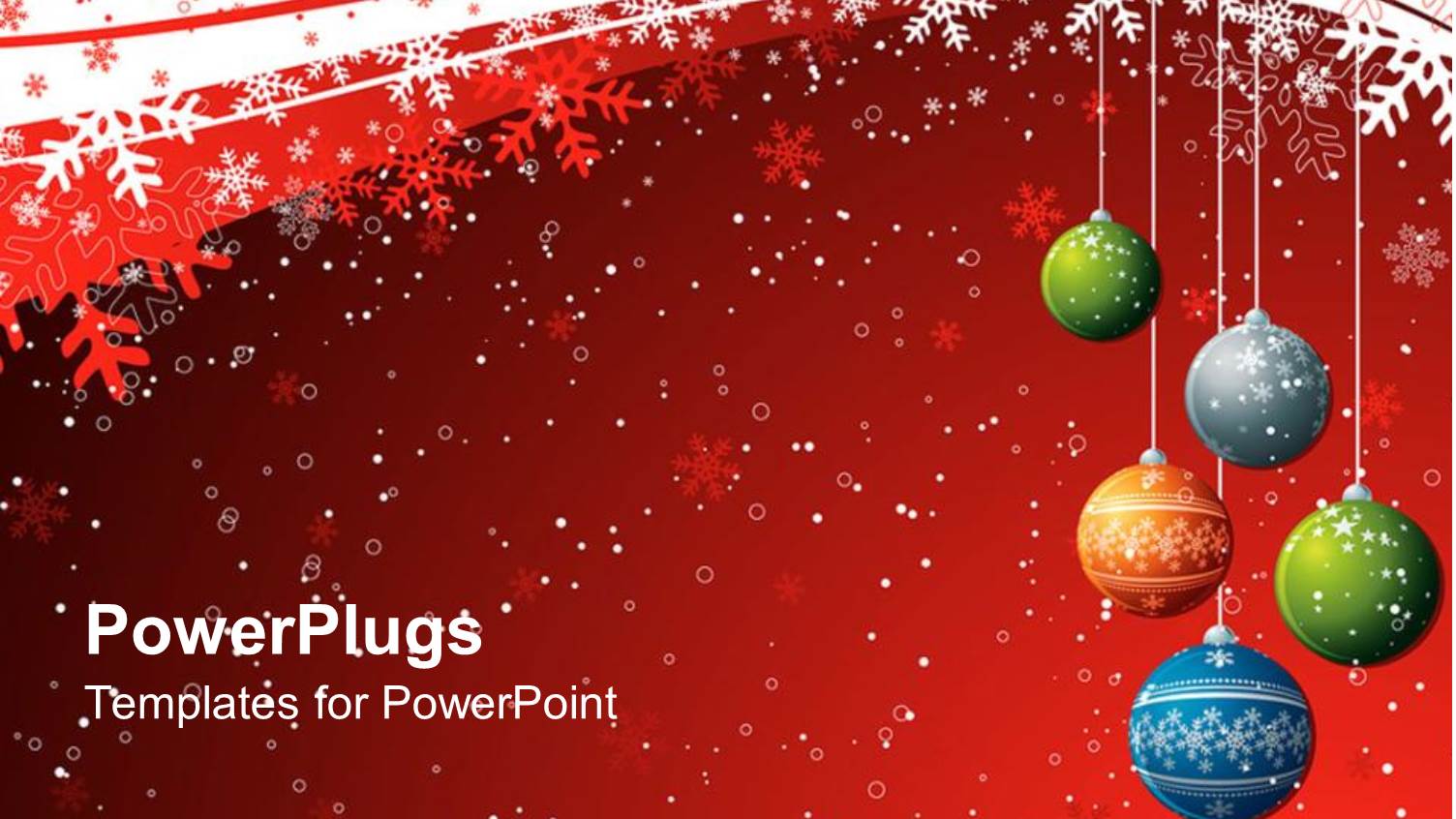 Five Christmas Balls Over a Red Background with Snow Flakes