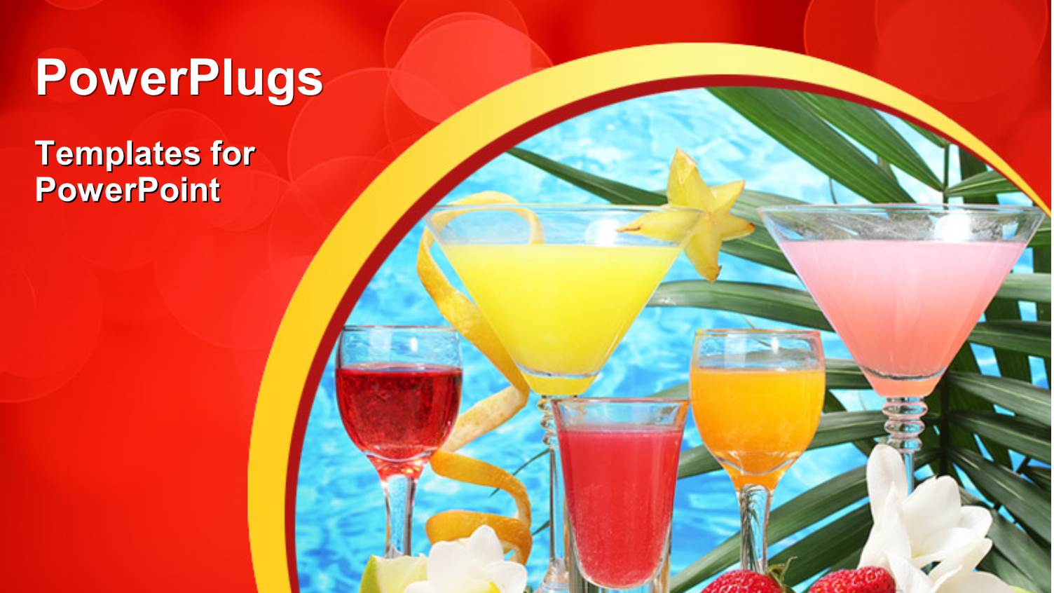 Five Colorful Cocktail Glasses with Fresh Fruits and Flowers