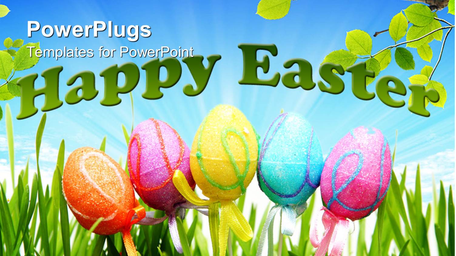 Five Colorful Easter Decorated Eggs with the Text HAPPY EASTER