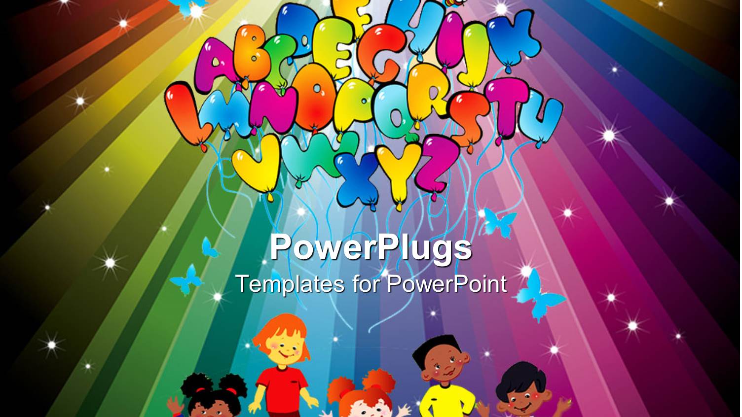 Five Colorful Kids with Colored Balloons in Shape of Letters of Alphabet on Colorful Rainbow Rays