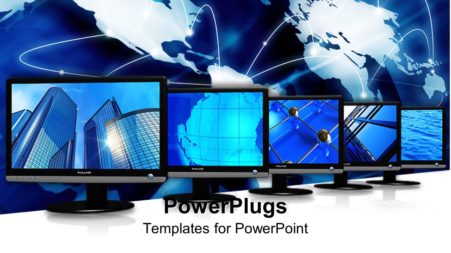 Five Flat Screened TV's on a Blue Graphics Background