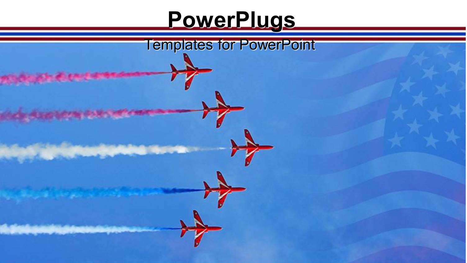 Five Flying Red Planes with Colorful Smoke Behind them and American Flag Faded in the Background