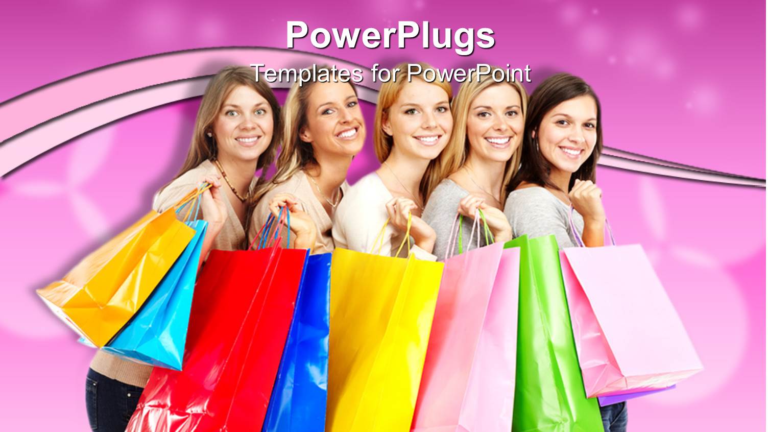 Five Pretty Ladies Smiling Happily and Holding Shopping Bags