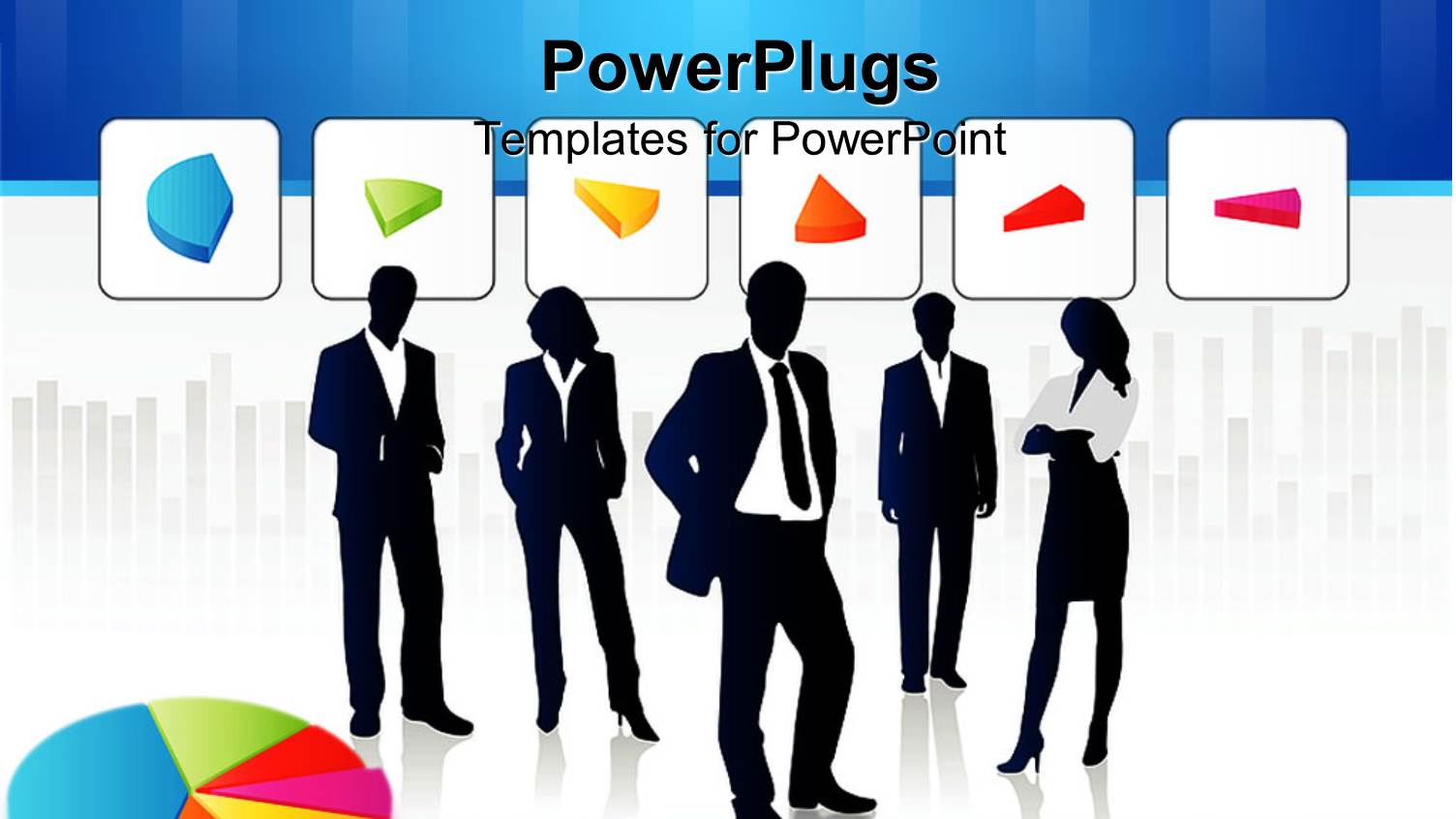 Five Silhouettes of Business People with Three Dimensional Pie Chart
