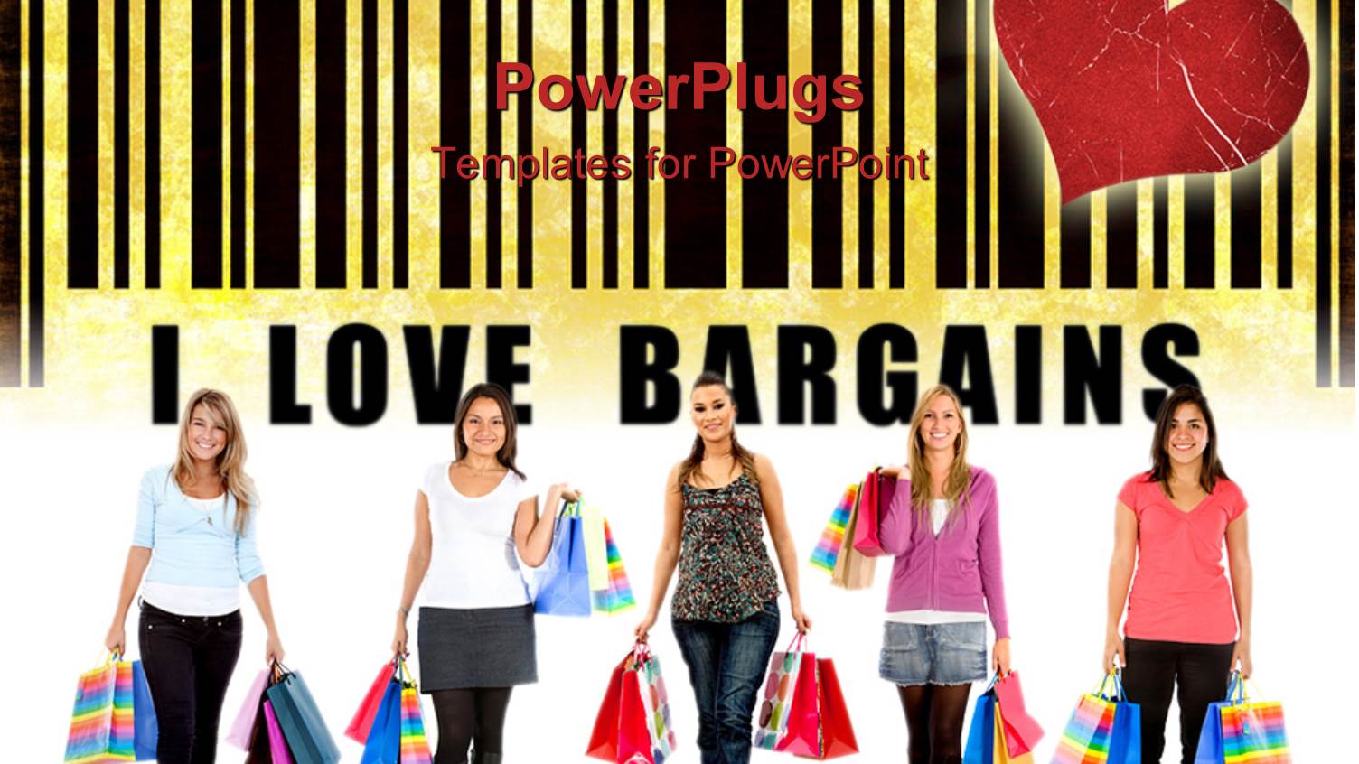 Five Smiling Females Holding Shopping Bags and a Red Heart