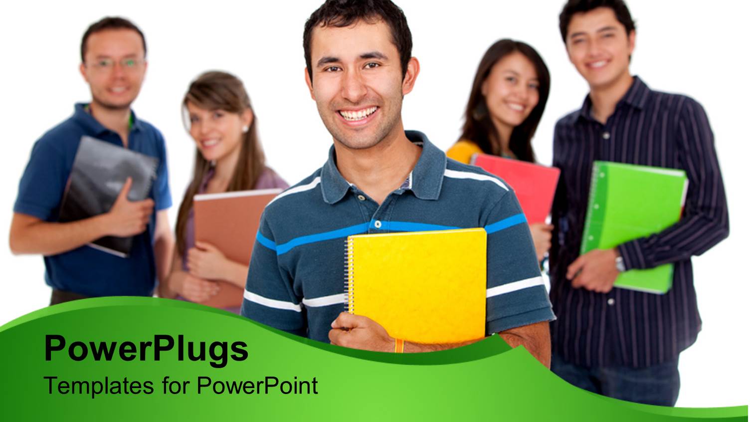 Five Students Holding Colorful big Notebooks in Hands, One Boy Student in Front of Two Girls and Two Boys Students