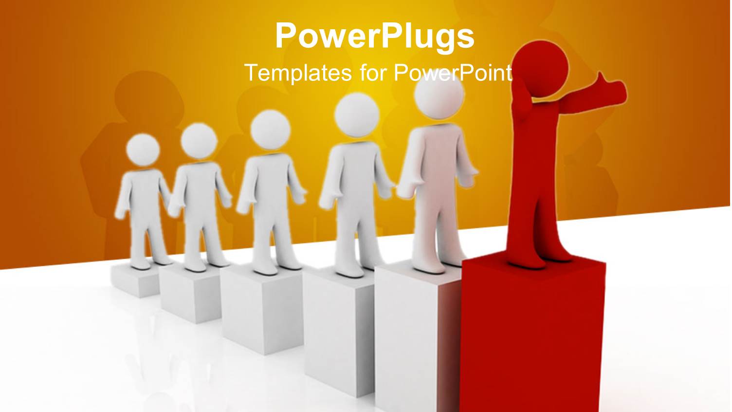 Five White 3D Human Character Standing on Bars with a Leading Rd One