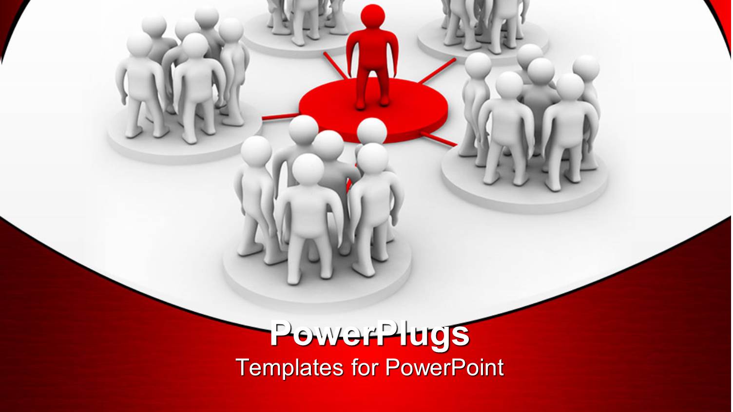 Five White Circles with White Standing 3D Figures Linked to Red Circle with One Red Standing 3D Figure