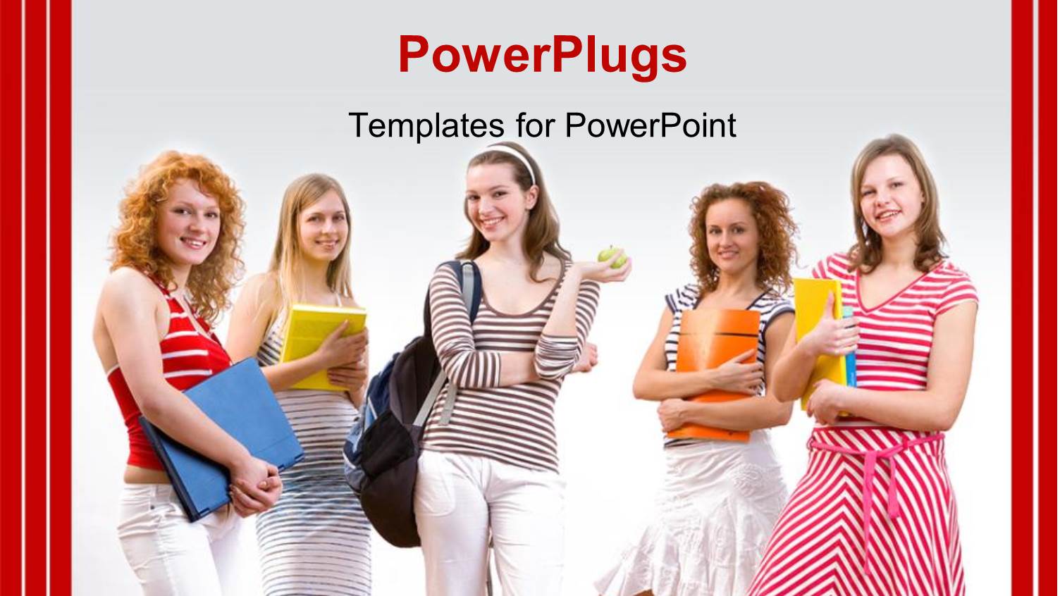 Five Young Female Students Standing on a White Background