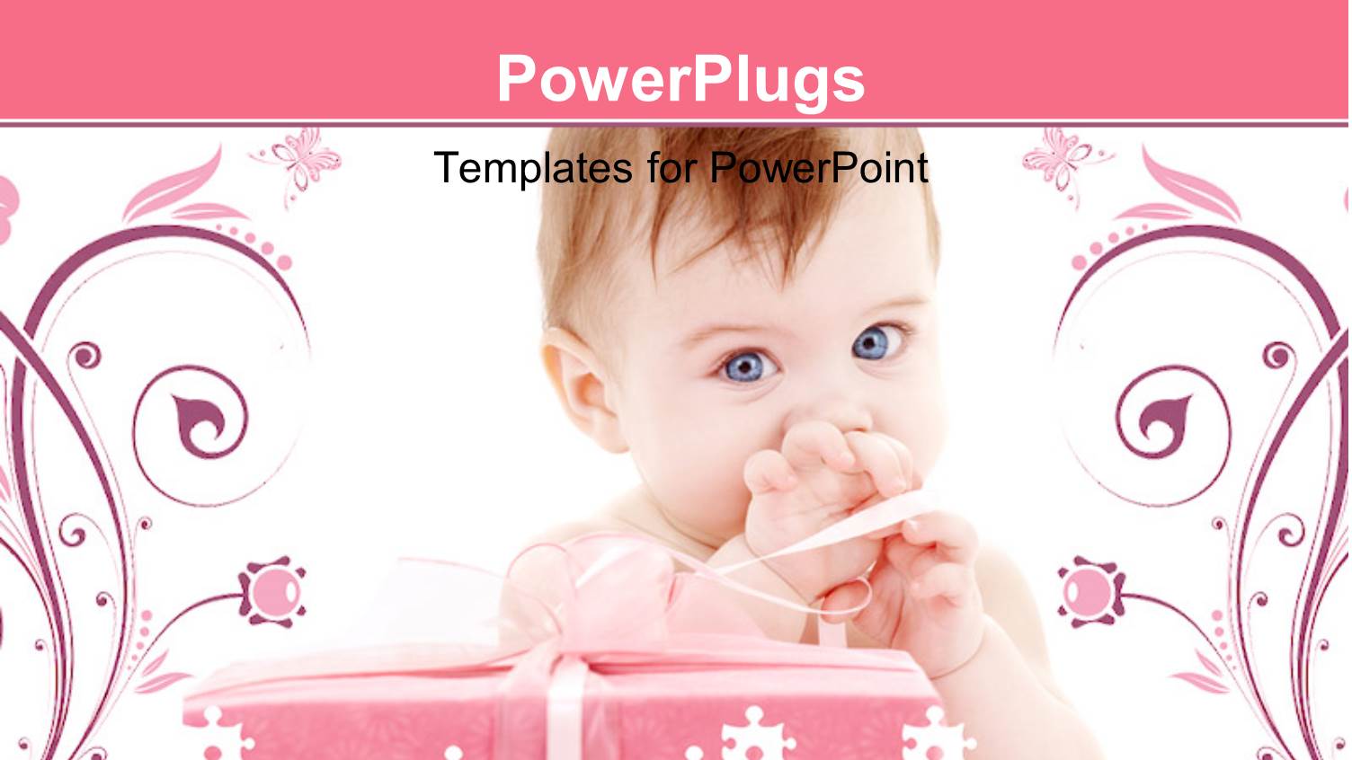 Floral Background with Baby Playing with Puzzle Pieces and Pink Gift Box