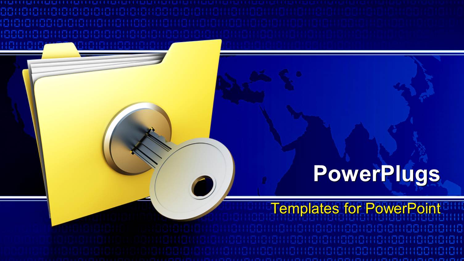 Folder Containing File with Keyhole and Silver Key Inserted in it on Blue Background with Map of World