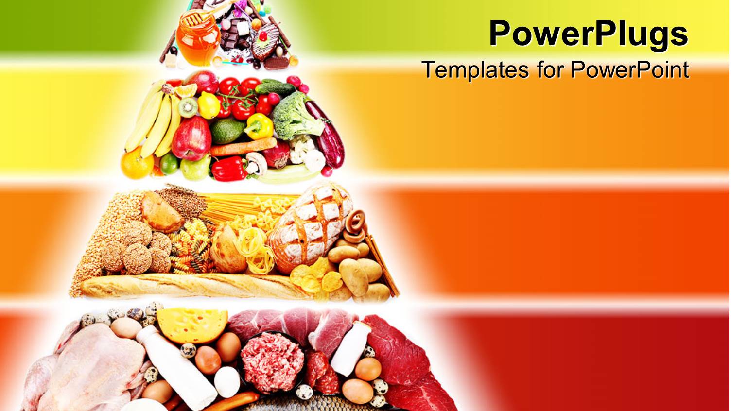 Food Pyramid Containing Foods for a Healthy Diet with Various Food Types on Red, Orange, Yellow and Green Layered