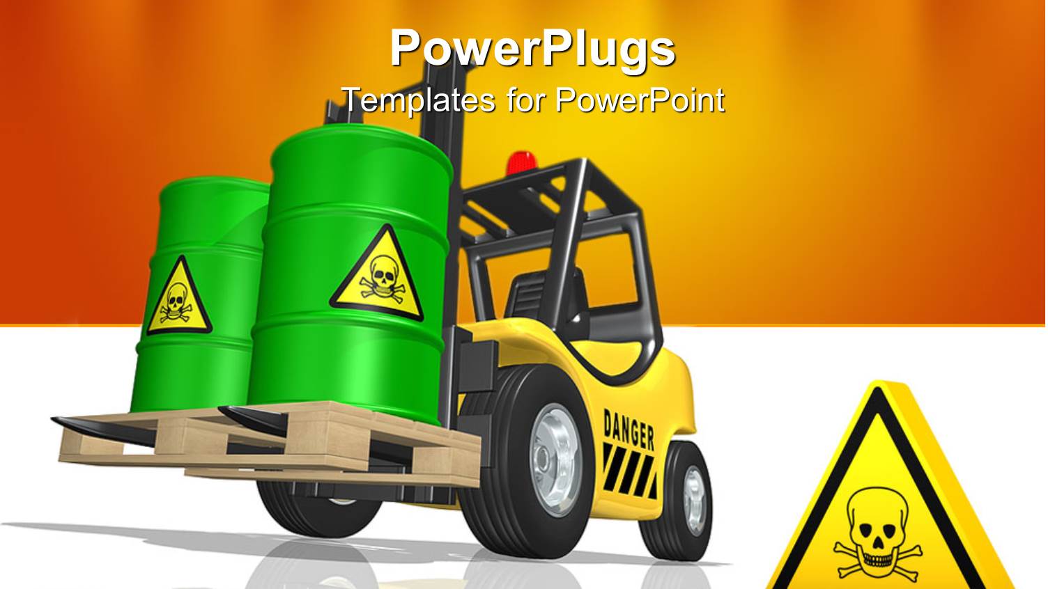 Forklift Transporting Toxic Waste large Green Barrels with Toxic Waste Sign