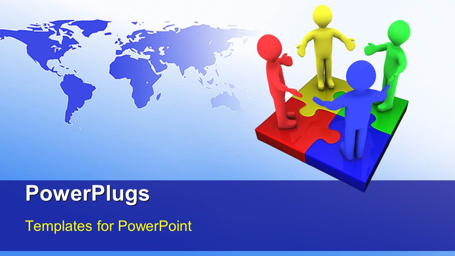 Four Colorful People Standing on an Arranged Puzzle Set